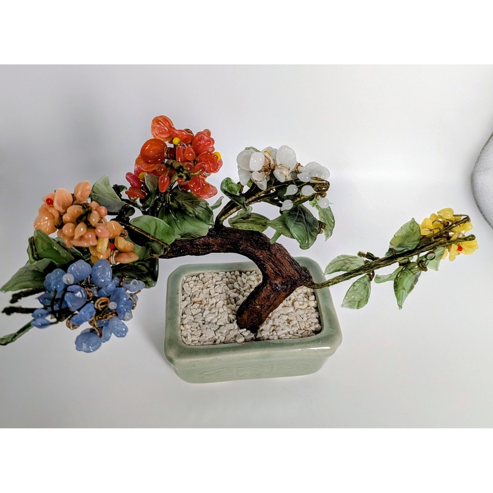Vintage Chinese Jade Stone Glass Bonsai Mineral Tree Multi Color - Picture 5 of 11